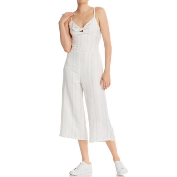 Chaser Beach Linen Tie Front Smocked Cami Cropped Jumpsuit Stripe Sz M Pockets - Picture 1 of 14